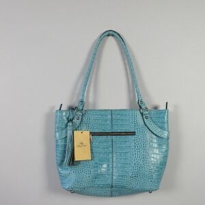 Patricia Nash Abingdon Blue Grass Genuine Leather Tote Bag Croc Embossed 966